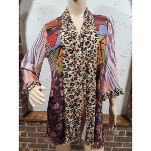 John Mark Kimono Size S Colorful Mixed Media Embroidery 3/4 Sleeves Leopard